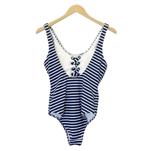 NWT Aerie Lace-Up One Piece Swimsuit Navy & White Stripes Size Small Long NEW - Picture 3 of 12